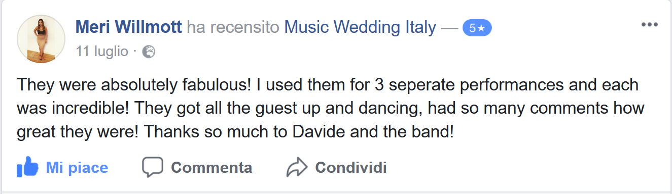 Mery Wilmott bride reviews the live band and live music of Romadjpianobar Music wedding Italy: absolutely fabolous!