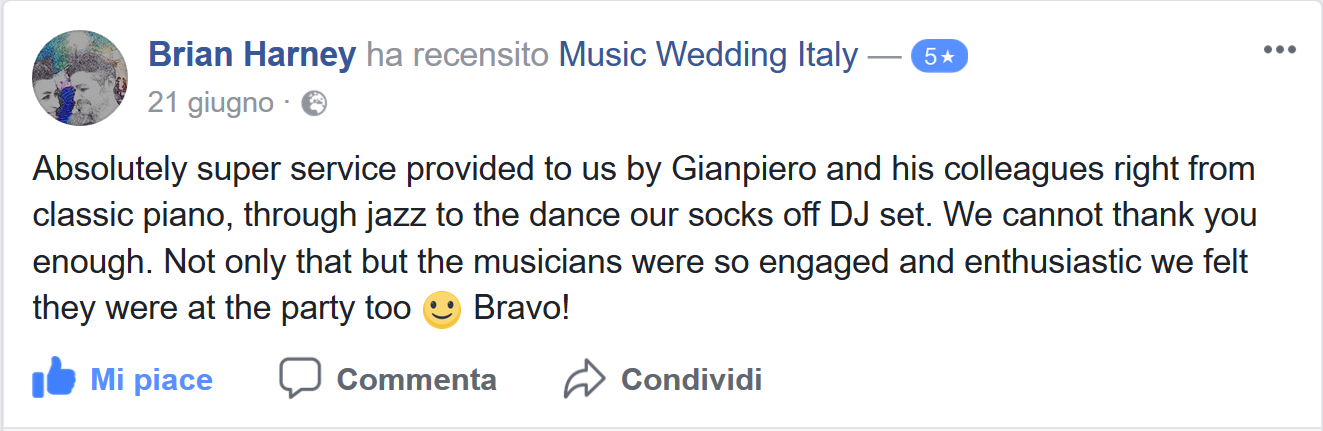 Brian Harney does the review for Romadjpianobar Music Wedding in Italy