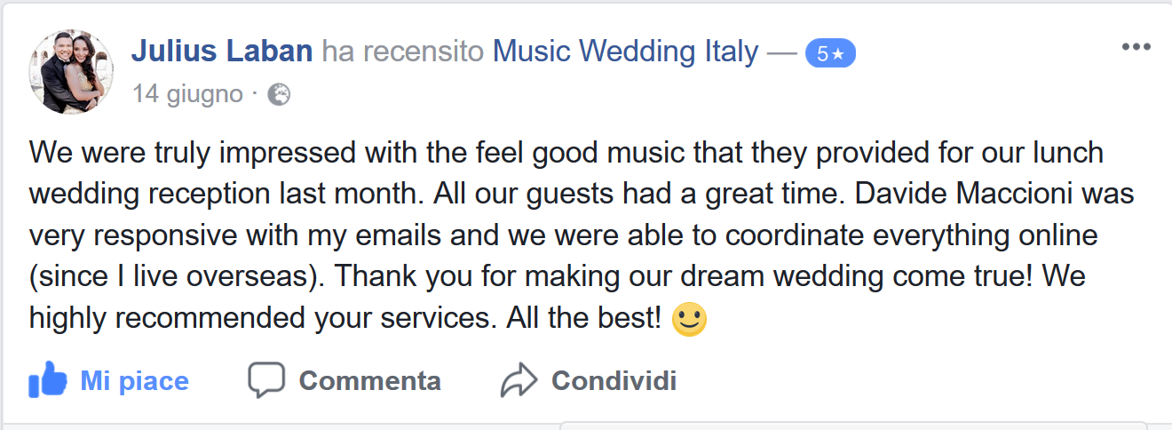 Julius Laban groom reviews the music services received by Romadjpianobar Music wedding Italy for his wedding in Italy