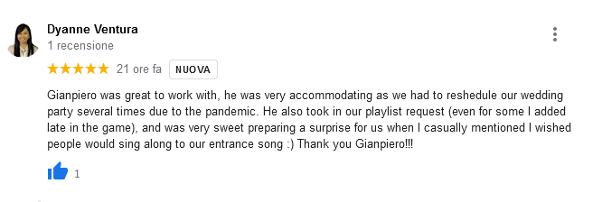 Dyanne Ventura review italian wedding dj Gianpiero Fatica