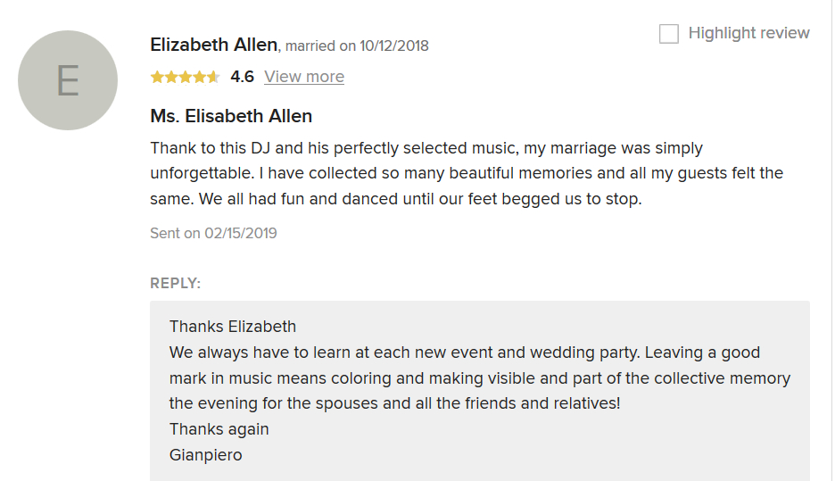 Elizabeth Allen review italian wedding dj Gianpiero Fatica