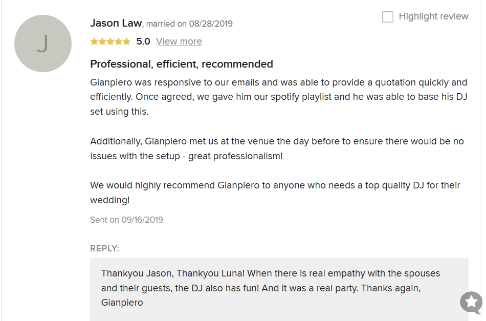 The testimony of Jason Law for the dj set of his wedding in Italy with the dj Gianpiero Fatica