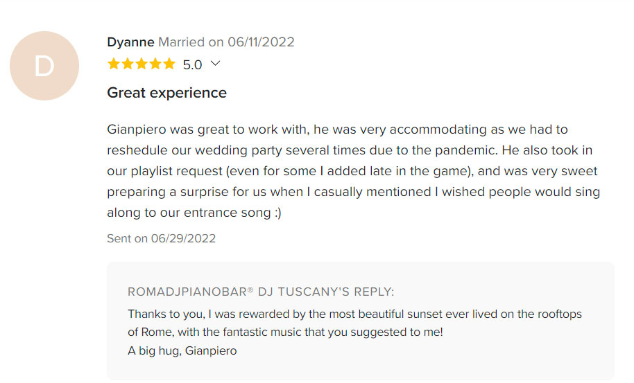 Dyanne Ventura review italian wedding dj Gianpiero Fatica