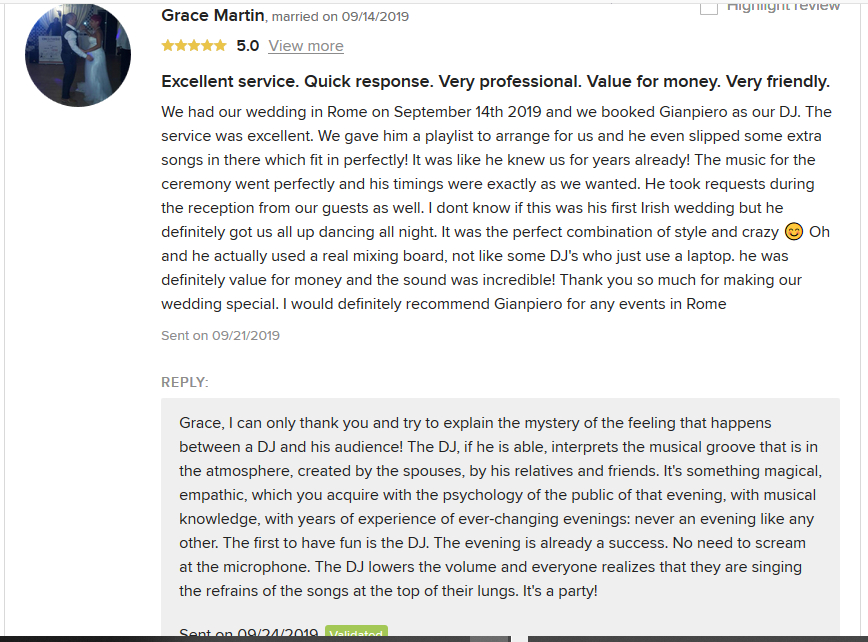 Review of the bride Grace Martin for the DJ Gianpiero Fatica, Rome